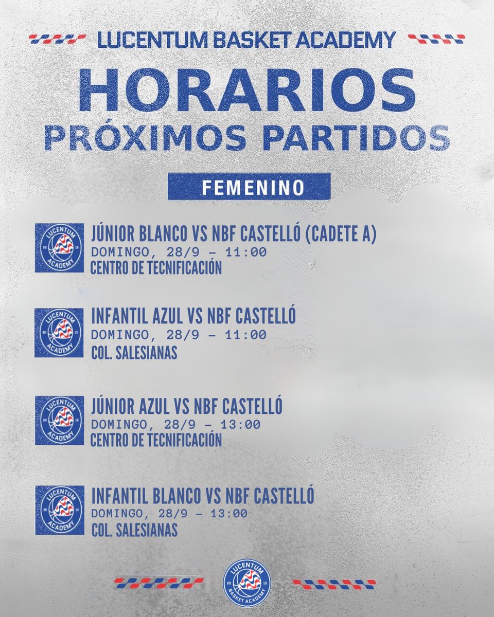 📝 Agenda de partidos para nuestros equipos de la #LucentumBasketAcademy

💙 ¡𝐕𝐚𝐦𝐨𝐬!