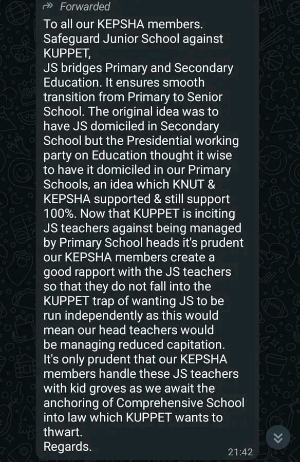 It's all about JS capitation. KEPSHA doesn't care about the 
1.The quality of Education in JS
 2.Carriculum implementation and value addition in JS,  
3. Career progression of JS teachers.
4. Nurturing talents through CBC in JS

KEPSHA only cares about JS CAPITATION.
