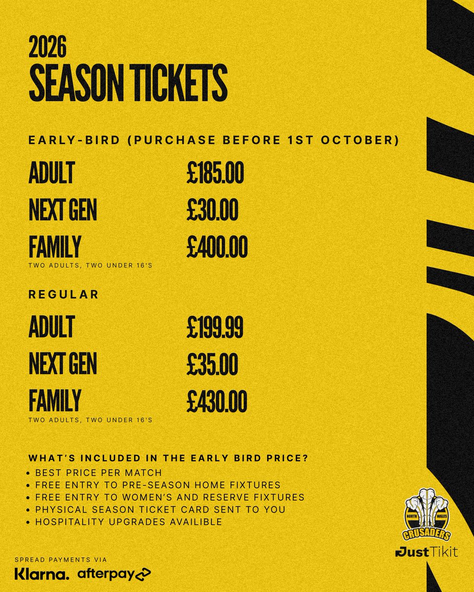 💳 There's just 4️⃣ days remaining of the early-bird window for 2026 season ticket sales!

Buy yours today and be with us for every minute of the new season with payment plans available via Klarna and Afterpay

Read More 👉 nwcrusadersrl.com/2026-season-ti…

#NothingBetter ⚔️