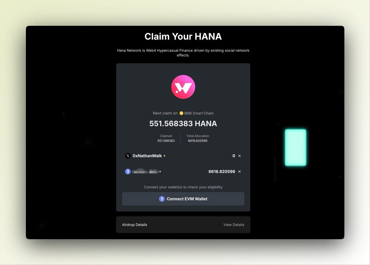 Kaito 生态空投又来了，这次是@HanaNetwork 给的不少，而且阳光普照，质押少的也有，美中不足的是分12期解锁。 有Kaito 质押 的赶紧去查，我刚卖了