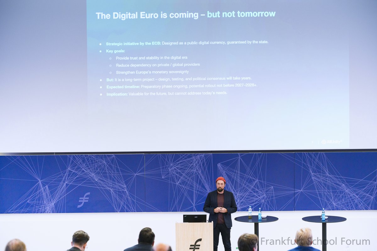 AllUnityStable's tweet image. 🎤 Peter Grosskopf closed #DigitalSociety25
AllUnity CTO & COO @peterlih delivered the closing keynote of the 3rd Digital Society Conference at #FrankfurtSchool.
💬 Topic: “Stablecoins from Europe — a new financial infrastructure for greater sovereignty.”
🤝Thank you to…