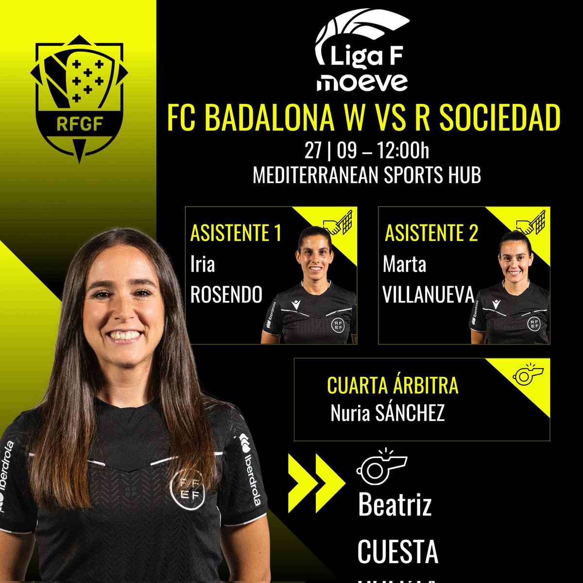 ✅ <a href="/LigaF_oficial/">Liga F</a>

🏟️ <a href="/elnostreclub/">FC Badalona Women (Aka ONA)</a>
🆚 <a href="/RealSociedadFEM/">Real Sociedad Femenino</a>
🅰️ Beatriz Cuesta 
🚩 𝗜𝗿𝗶𝗮 𝗥𝗼𝘀𝗲𝗻𝗱𝗼
🚩 Marta Villanueva 
4️⃣ Nuria Sánchez 

#arbitrajeRFEF | <a href="/CTARFEF/">CTA</a>