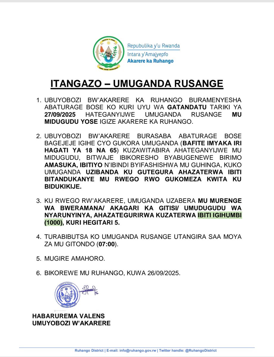 Ruhango District (@ruhangodistrict) on Twitter photo ITANGAZO: Ese wari uzi ko gutangira gutegura ubutaka buzaterwaho ibiti ari iki gihe? Gusazura amashyamba ashaje ari uyu munsi?Igiti cyanjye, Umurage wanjye. Ejo duhurire mu Muganda rusange, ntuzabure. ITANGAZO: Ese wari uzi ko gutangira gutegura ubutaka buzaterwaho ibiti ari iki gihe? Gusazura amashyamba ashaje ari uyu munsi?Igiti cyanjye, Umurage wanjye. Ejo duhurire mu Muganda rusange, ntuzabure.