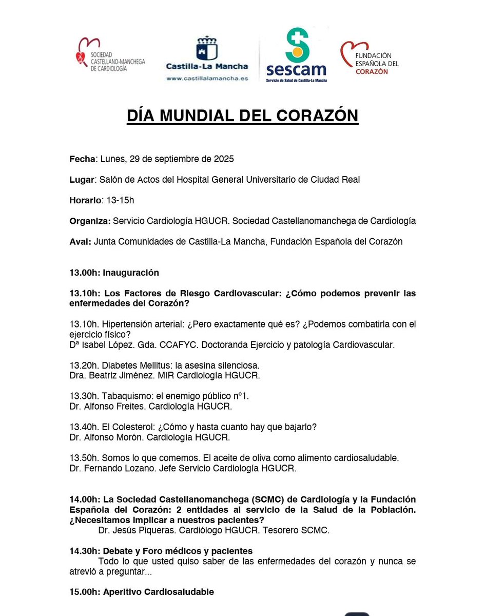 Sociedad Castellanomanchega de Cardiologia (@cardiocastmanch) on Twitter photo 📍 CIUDAD REAL
📆 29 de Septiembre
🕐 13-15h
🏥 Salón de Actos. Hospital General Universitario CR.
💌 Aprende sobre los factores de riesgo cardiovascular: tensión, diabetes, colesterol, tabaquismo...
♥️Dieta cardio saludable🫒🫒
📢Foro de médicos y pacientes
<a href="/cardioHGUCR/">Cardiología HGUCR</a> 📍 CIUDAD REAL
📆 29 de Septiembre
🕐 13-15h
🏥 Salón de Actos. Hospital General Universitario CR.
💌 Aprende sobre los factores de riesgo cardiovascular: tensión, diabetes, colesterol, tabaquismo...
♥️Dieta cardio saludable🫒🫒
📢Foro de médicos y pacientes
<a href="/cardioHGUCR/">Cardiología HGUCR</a>