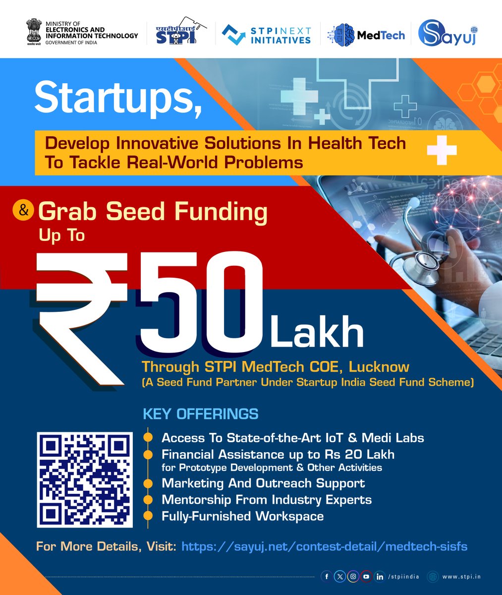 ✨ Big Opportunity for Startups! 

Are you building innovative solutions in HealthTech? Here’s your chance to secure seed funding of up to ₹50 lakh through STPI MedTech CoE, Lucknow, a seed fund partner under the Startup India Seed Fund Scheme (SISFS). 🩺

What’s in it for you?