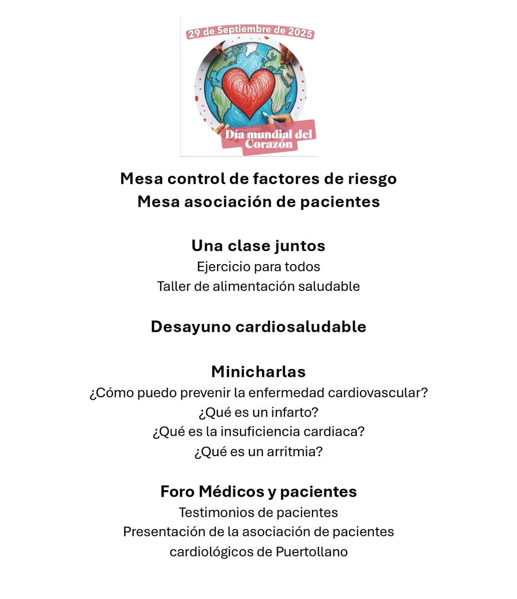 📍 PUERTOLLANO
📆 29 de Septiembre
🕙 10-13h Salon de actos. Centro de la juventud.
💌 Control de factores de riesgo
🫶🏻 Asociación y testimonio de pacientes
👉🏻 Taller de ejercicio y alimentación
💌Mini charlas informativas: #prevención cv, #infarto, #IC, arritmias...