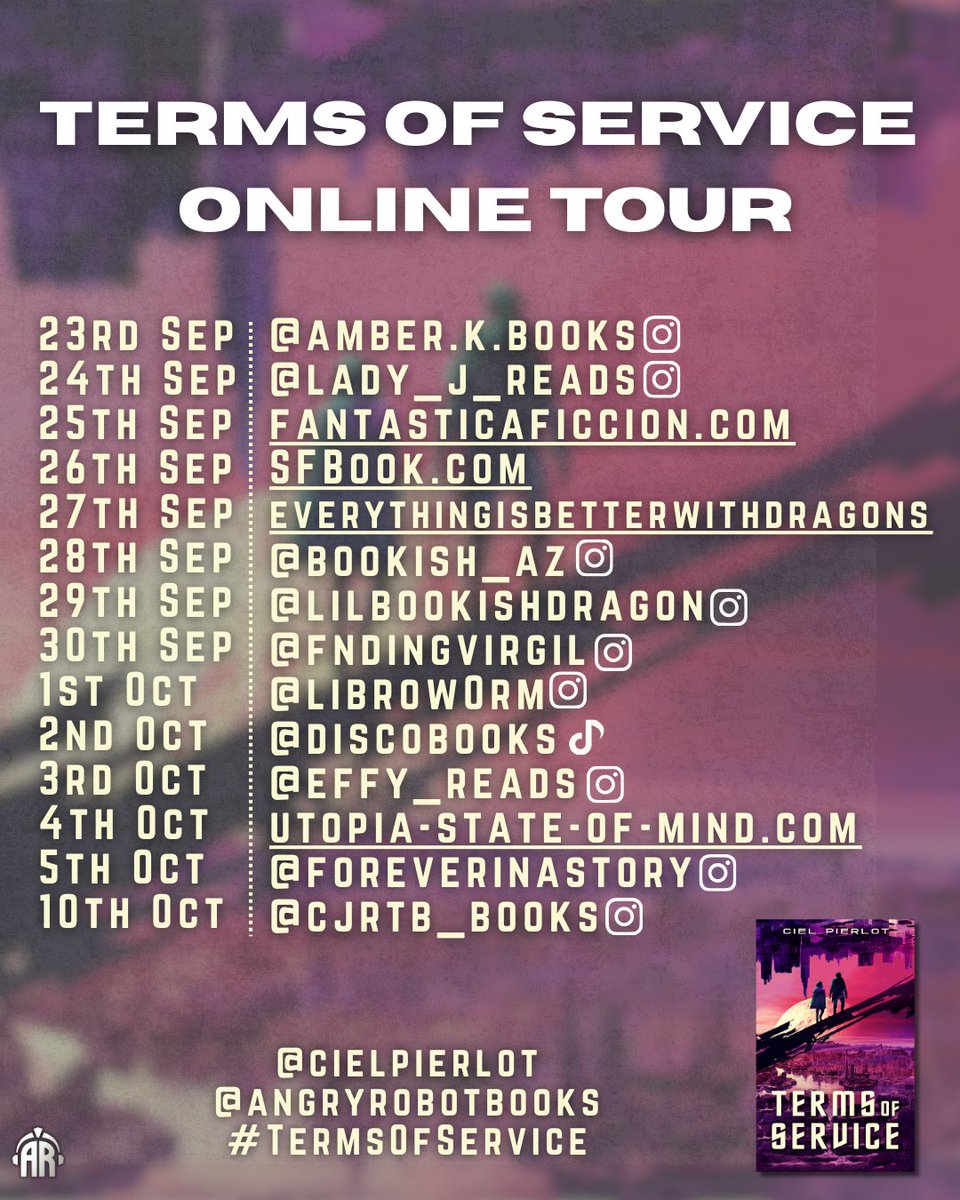 📢Blog Tour📢

Who would have thought that a clever way to deal with Fae magic would be to add another layer of complexity in the form of a science fiction world?

<a href="/CielPierlot/">Ciel Pierlot ☁️🦋 @cielpierlot.bsky.social</a> would in 'Terms of Service'.

Out now

My <a href="/sfbook/">Ant</a> review: sfbook.com/terms-of-servi…

<a href="/angryrobotbooks/">Angry Robot Books</a>