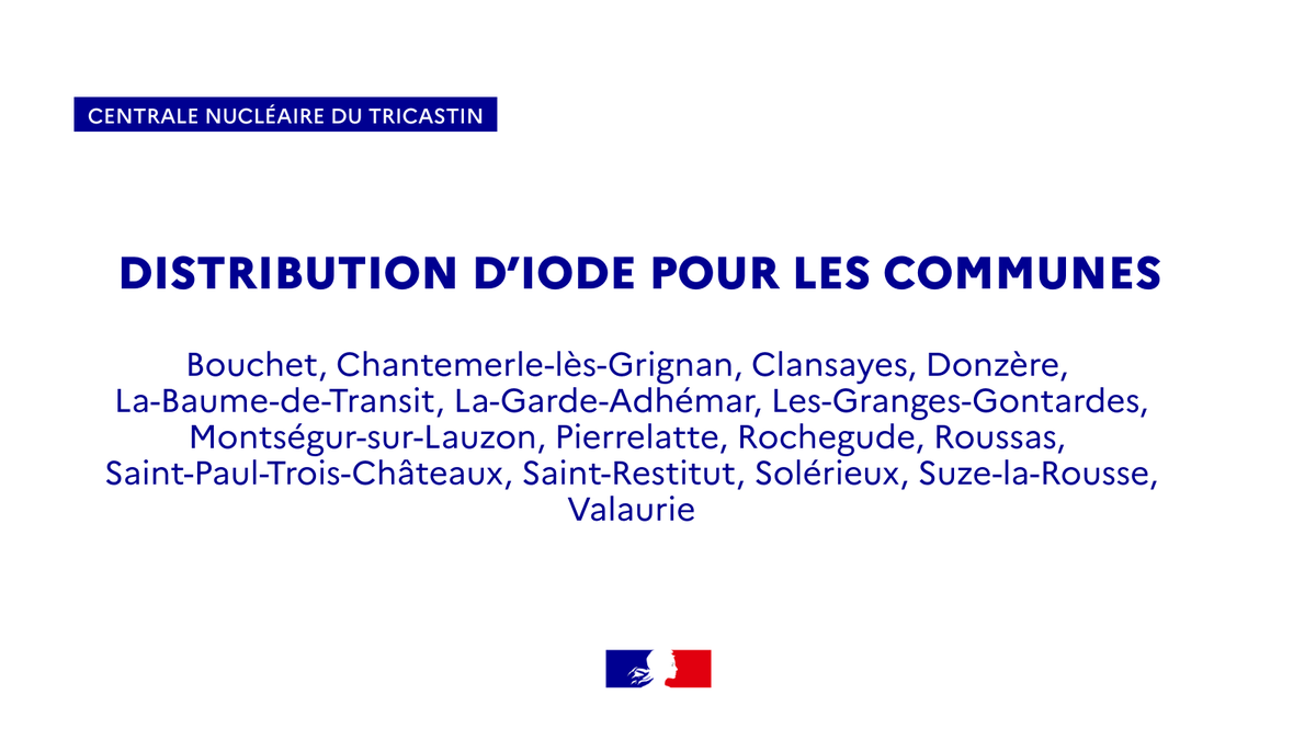 Prefet26's tweet photo. #Santé | 💊🚨 Campagne de distribution préventive de comprimés d'iode
Vous habitez à moins de 20 km d’une #CentraleNucléaire ?
➡ Afin d'être le plus réactif, en cas d'évènement nucléaire, vous êtes invité à récupérer une boîte de comprimés d’#iode stable en pharmacie
👉 Retrouvez en image la liste des communes concernées
#bienpréparerbienprotéger @EDFTricastin
@SecCivileFrance @Interieur_Gouv