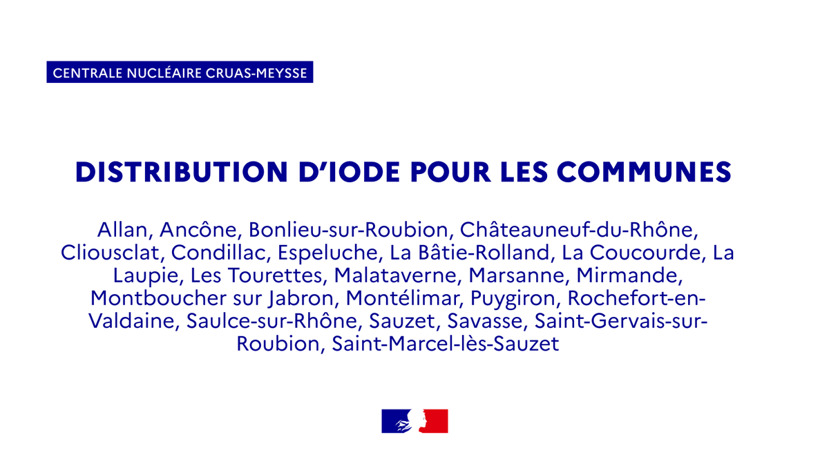 Prefet26's tweet photo. #Santé | 💊🚨 Campagne de distribution préventive de comprimés d'iode
Vous habitez à moins de 20 km d’une #CentraleNucléaire ?
➡ Afin d'être le plus réactif, en cas d'évènement nucléaire, vous êtes invité à récupérer une boîte de comprimés d’#iode stable en pharmacie
👉 Retrouvez en image la liste des communes concernées
#bienpréparerbienprotéger @EDFTricastin
@SecCivileFrance @Interieur_Gouv