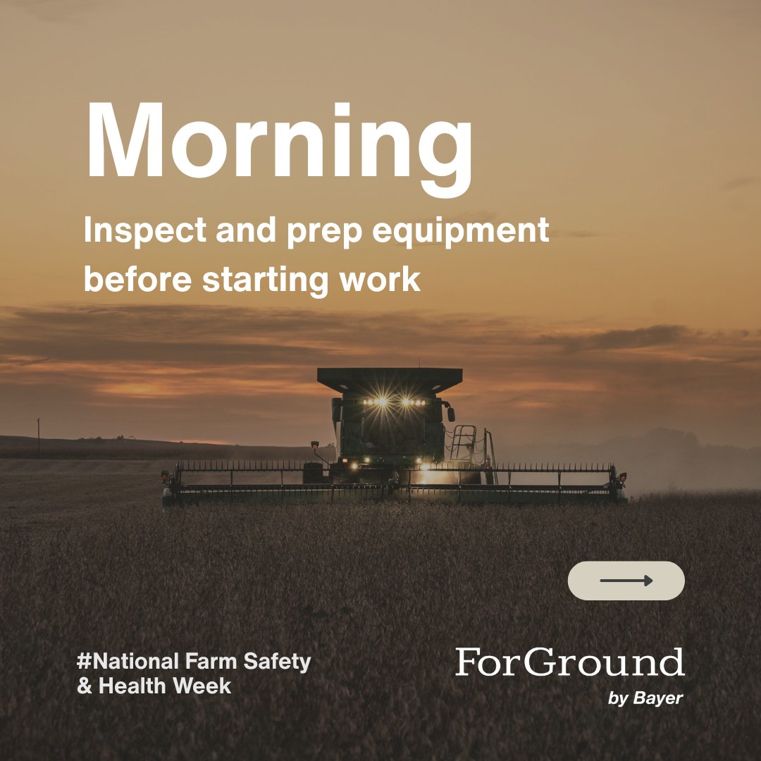 ForGround_Bayer's tweet image. 🌅 From sunrise to sunset, safety should always come first.
This National Farm Safety &amp;amp; Health Week, let’s commit to making safety a habit—every day.

Swipe through for quick tips to stay safe on the farm. 🚜

#NFSHW #FarmSafety #ForGround #AgSafety