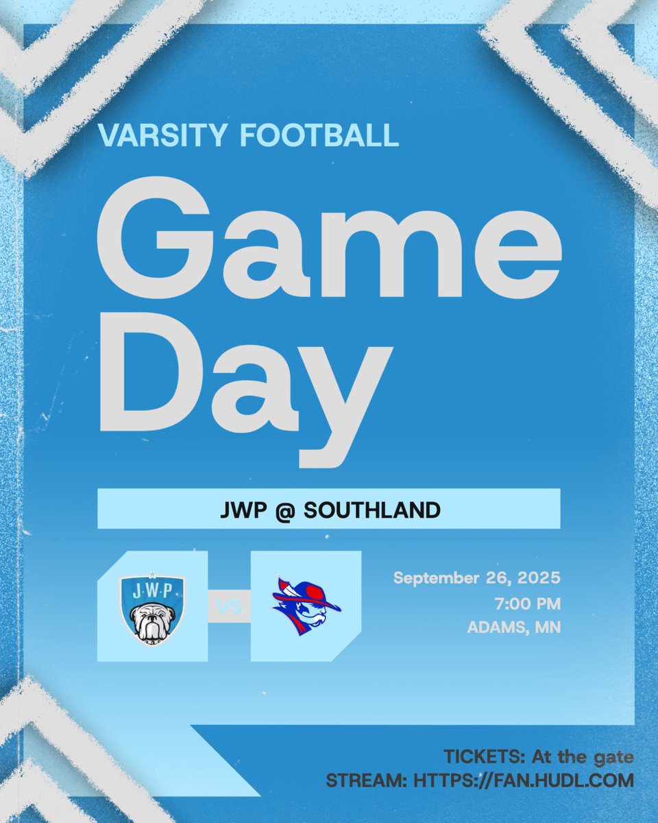 🏈 VARSITY FOOTBALL – AWAY GAME 🏈  

JWP at SOUTHLAND 
📍 Adams, MN 
⏰ Kickoff: 7:00pm
🎟 Tickets: @ the Gate
📺 Stream: fan.hudl.com

Good luck to our Bulldogs on the road for our final cross-over district matchup!