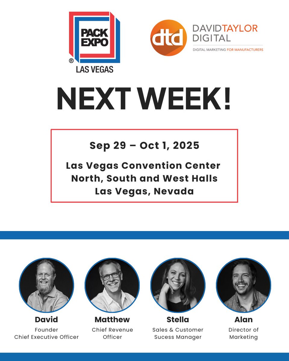 DavidTDesign's tweet image. Las Vegas, here we come! The DTD team is heading to PACKEXPO 2025 - where packaging and processing innovations meet manufacturing excellence. If you&apos;re exhibiting or attending, let&apos;s grab coffee and talk about growing your business in 2025! 

#PACKEXPO2025