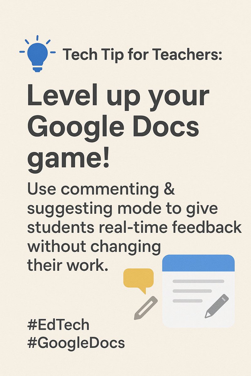 technologylaura's tweet image. ✏️ Tech Tip:

Use commenting &amp;amp; suggesting mode to give students real-time feedback without changing their work. Perfect for peer reviews &amp;amp; writing workshops! 📝✅ #EdTech #GoogleDocs #TeacherTips