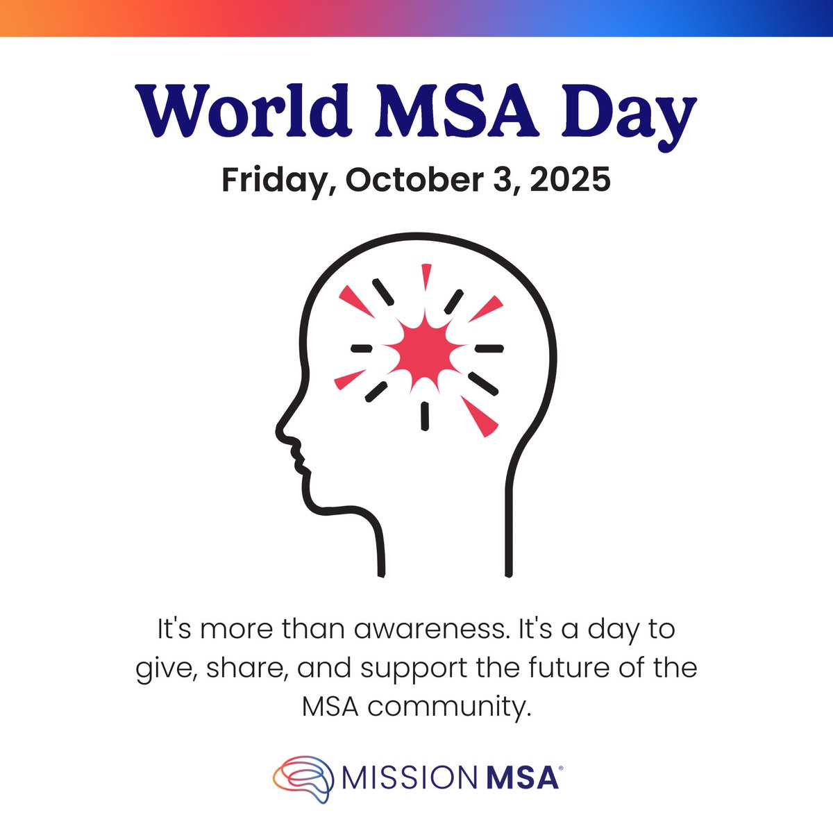 MissionMSA's tweet photo. #WorldMSADay is just one week away!
Your #support funds critical initiatives like our #advocacy efforts, #MSA #research progress, 31 #MSACentersofExcellence, and so much more.
Be a part of the #impact:
#Donate: https://t.co/tY5OaOMYfO
Reminder: https://t.co/pHWzYecOh5 https://t.co/ogJk4SFZRx