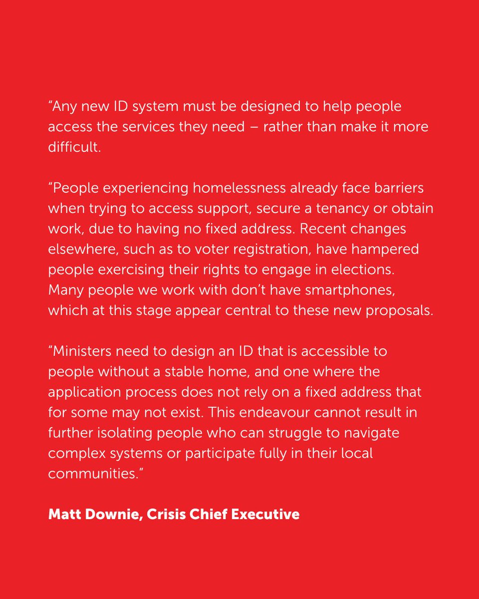 The Government has announced plans to introduce a digital ID card system in the UK. We must make sure any new system includes, and is accessible to, people without a stable home - and doesn't shut people out from support.

Our full comment 👇crisis.org.uk/about-us/crisi…
