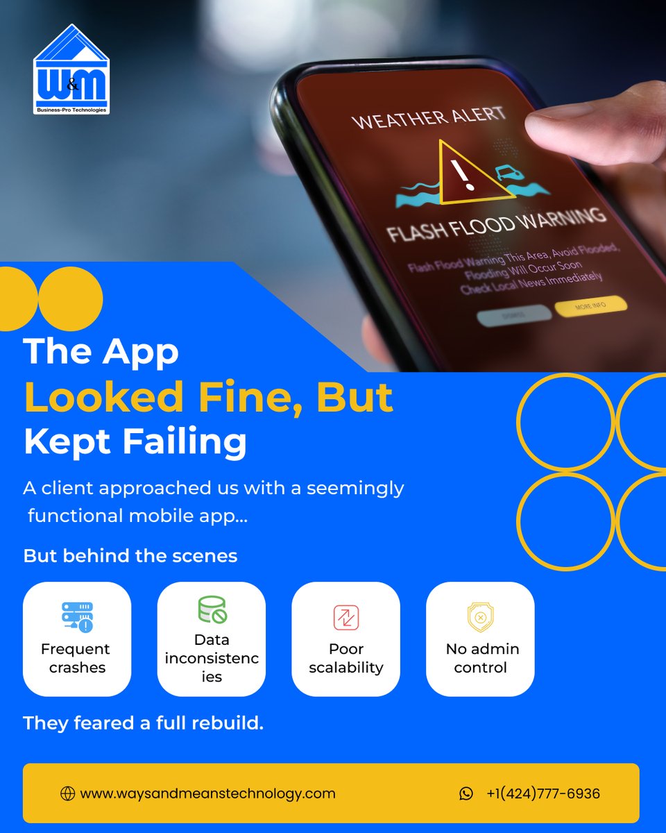 WMTechnology's tweet image. Success Snapshot:
We rebuilt a broken app backend - without touching the UI.
Support tickets ↓ 40%
Uptime ↑ 99.98%
+1 (424) 777-6936 | waysandmeanstechnology.com
#CustomAppDev #AppRecovery #WMTechnology
