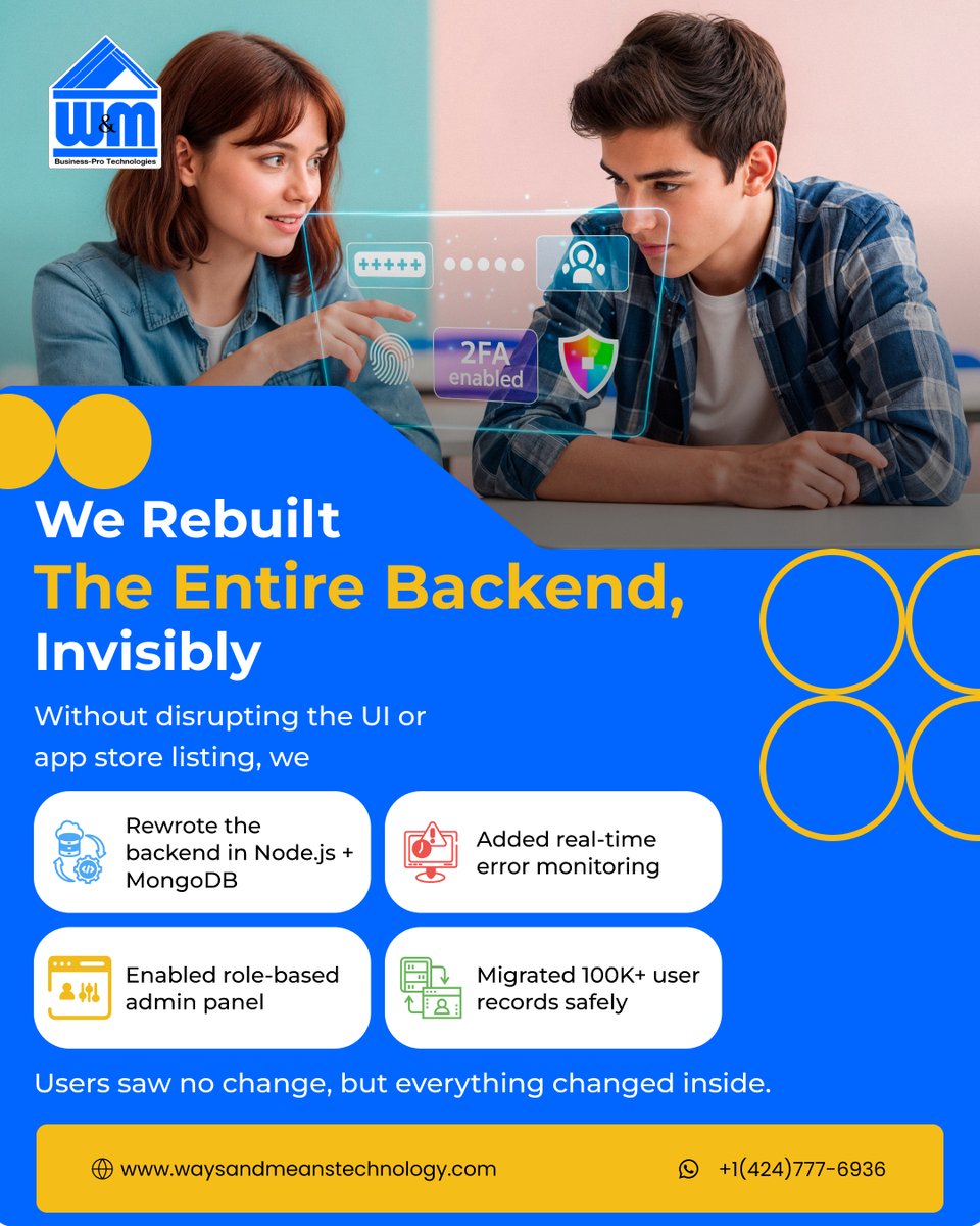 WMTechnology's tweet image. Success Snapshot:
We rebuilt a broken app backend - without touching the UI.
Support tickets ↓ 40%
Uptime ↑ 99.98%
+1 (424) 777-6936 | waysandmeanstechnology.com
#CustomAppDev #AppRecovery #WMTechnology