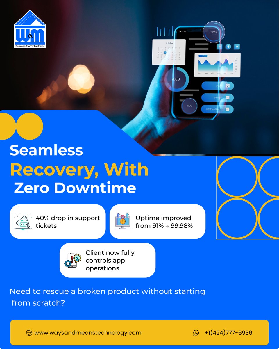 WMTechnology's tweet image. Success Snapshot:
We rebuilt a broken app backend - without touching the UI.
Support tickets ↓ 40%
Uptime ↑ 99.98%
+1 (424) 777-6936 | waysandmeanstechnology.com
#CustomAppDev #AppRecovery #WMTechnology