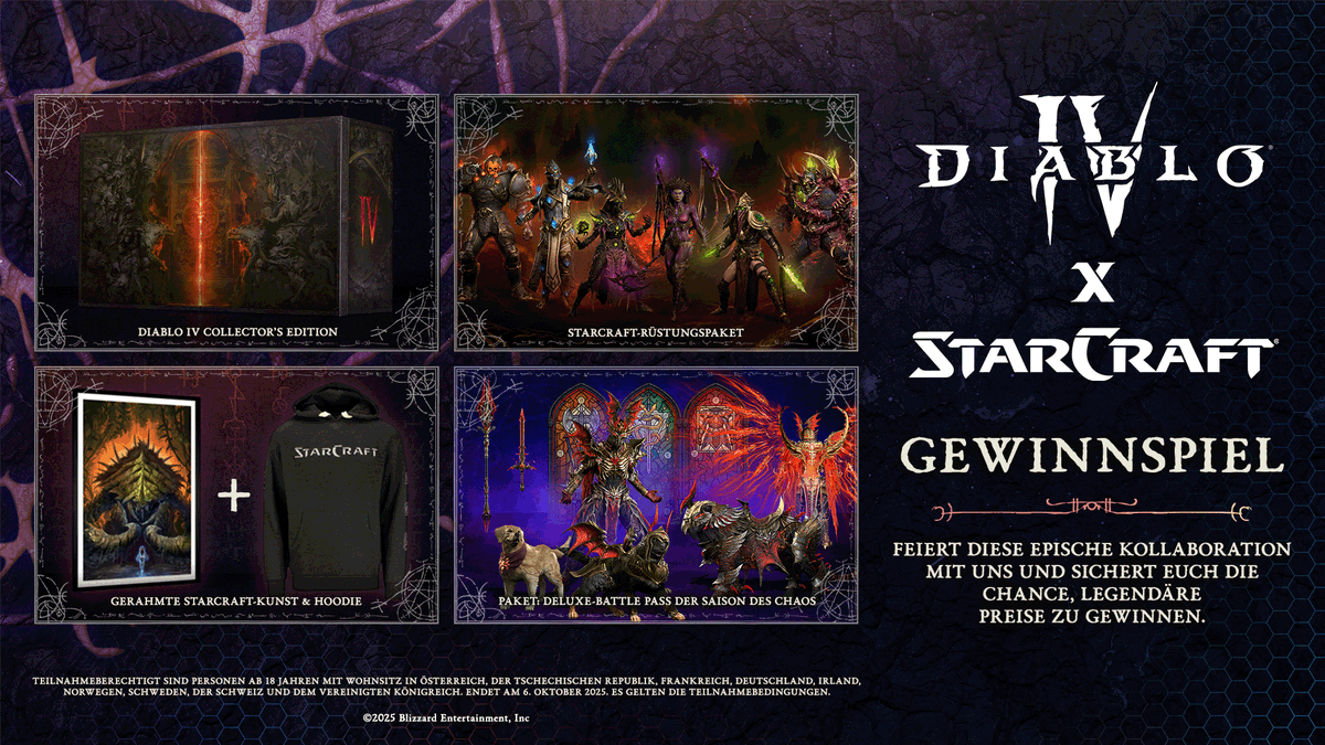 Diablo_DE's tweet image. Hölle noch eins … endlich!

Feiert Diablo IV x StarCraft mit uns und sichert euch die Chance auf legendäre Preise.

🎁 Hier teilnehmen: blizz.ly/3KmZITF
⏳Gewinnspiel endet am 6. Okt. 2025 um 00:59 Uhr MESZ
📃Es gelten die Teilnahmebedingungen