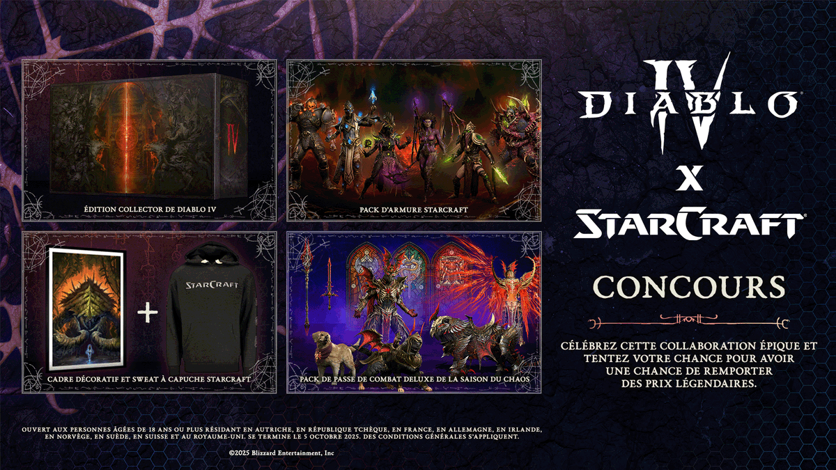 Diablo_FR's tweet image. Bordel… c’est pas trop tôt !

Célébrez la collaboration entre Diablo IV et StarCraft et tentez votre chance pour remporter des prix légendaires.

⏳ Fin le 5/10/2025 à 23 h 59 (CEST)
🌐 Ouvert qu'aux personnes résidant en France métropolitaine
📃 Des conditions générales…