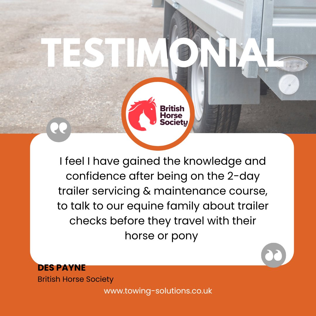 TowingSolutions's tweet image. 🐴 “After 2 days on the Trailer Servicing &amp;amp; Maintenance course, I feel confident to advise our equine family on trailer checks before they travel.” – Des Payne, @BHSOfficial

Proud to support BHS with towing clinics &amp;amp; safety training.

#TrailerSafety #HorseTransport