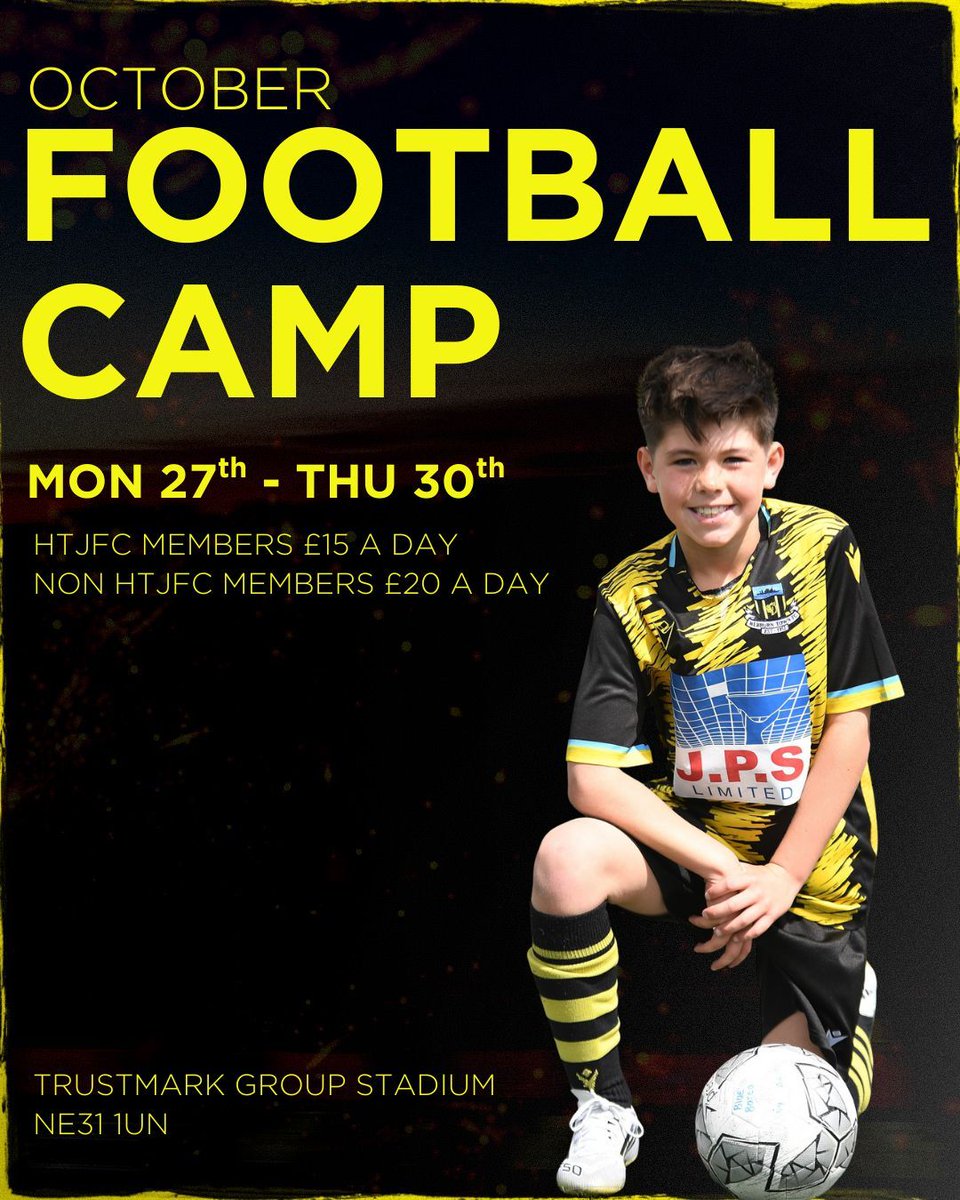 October Football Camps! 🐝 

🔗 Now available for booking hebburntownjuniorsfc.com/fballcamp

For more information all the details can be found here 👇 

hebburntownfc.com/articles/octob…