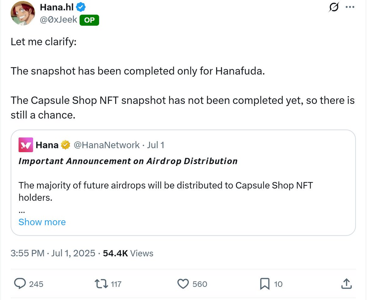 apathy2025's tweet photo. Thank you @HanaNetwork and founder @0xJeek 

I own 42 of your nfts before you claim snapshot has not taken and hold since now and @0xJeek  said it can stack

and look what it gets me 250 HANA which is $15
well, I spent almost 1 eth to buy https://t.co/BIChwNnae1 nfts

well done https://t.co/ZelLpEl1Fv