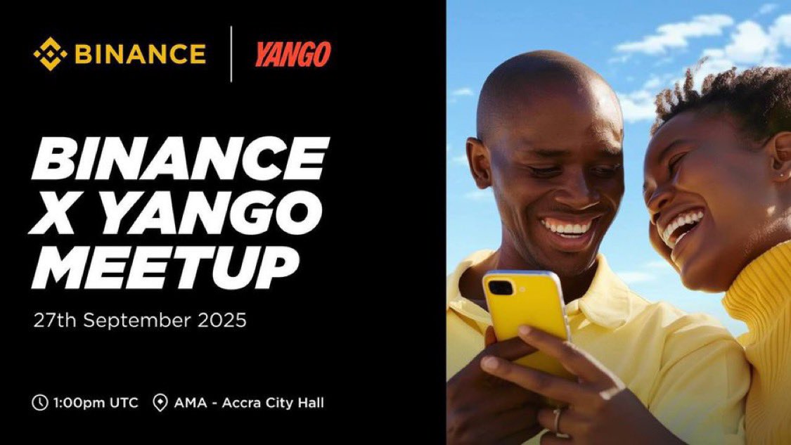🚀 Accra, it’s happening!
Join us tomorrow at AMA – Accra City Hall for the Binance X Yango Meetup 🎉
⏰ 1PM UTC
Live demos, key insights, networking &amp; giveaways you can’t miss!
<a href="/BinanceAfrica/">Binance Africa</a> <a href="/RIBKA_BINANCE/">RIBKA🔶️♠️♥️♣️♦️</a> <a href="/millieee_d/">Millie Dimitrova</a> <a href="/iamwealthybrain/">Mark Nutefe Brain</a> <a href="/JosephTonyHill1/">Hills</a> <a href="/Ahweniepa/">Ahweniepa</a> <a href="/Elorm_ofori1/">Elorm Ofori</a>