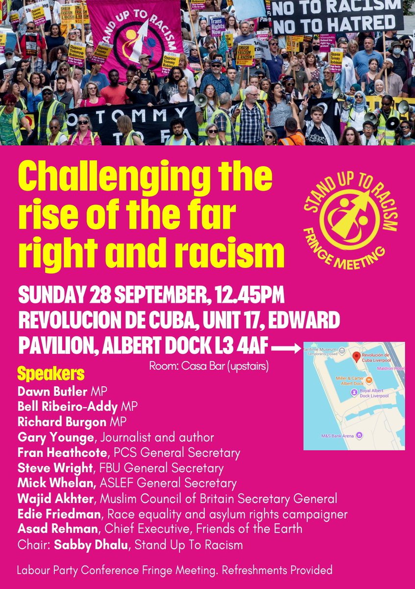 🔔Crucial fringe meeting this Sunday in Liverpool.🔔

📣 Join MPs, leading trade unionists, faith leaders &amp; campaigners to discuss how we defeat the rise of the far-right and racism.

📅 Sunday 28 September 
⏱️ 12.45PM
📍Revolucion de Cuba, Albert Dock L3 4AF.