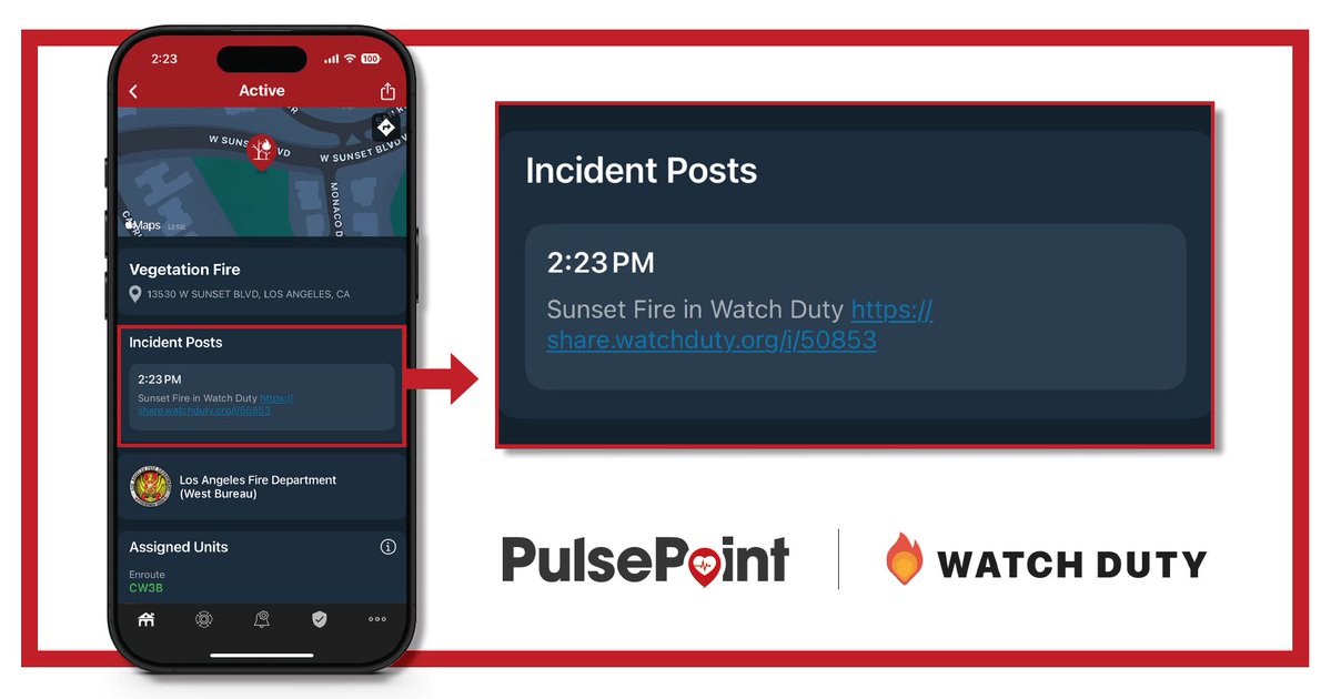 pulsepoint's tweet image. Watch Duty &amp;amp; PulsePoint announced a collaboration to connects PulsePoint vegetation fires with corresponding Watch Duty incidents—combining the strengths of both platforms to provide a more complete picture for those affected by a wildfire. ow.ly/rGPL50X2nzs