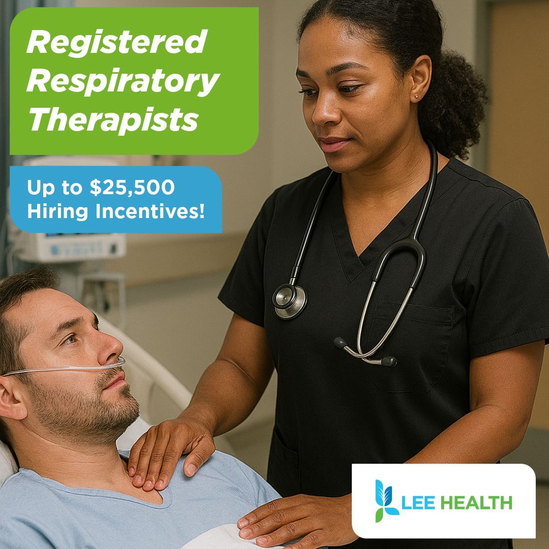 RRT and Leadership Positions Available with Generous Hiring and Relocation Incentives!

Take the next step in your career and make a difference with Lee Health. 
 Apply here: jobs.leehealth.org/jobs/respirato…
 Schedule a recruiter call: oli.vi/ZidOt1

#RRT #RespiratoryTherapist