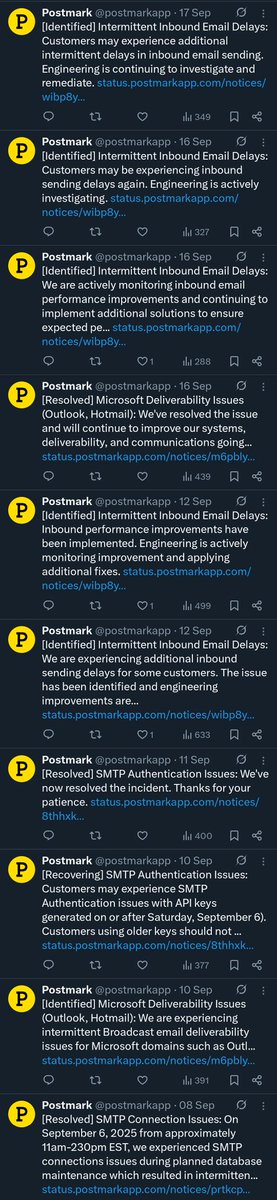 _DavidCodes's tweet image. Postmark has had like 10+ incidents this month, what's going on with them?? Look at their post history it's a dumpster fire lol