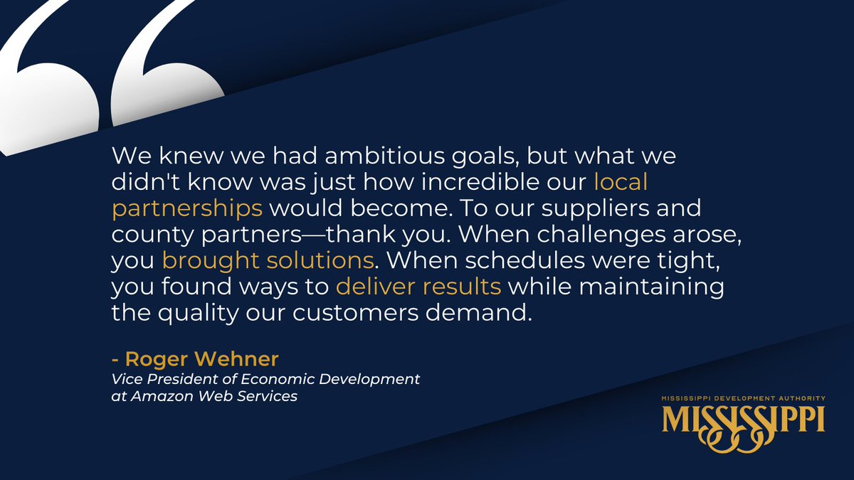 Mississippi Development Authority (@mdaworks) on Twitter photo $10B <a href="/awscloud/">Amazon Web Services</a> investment.
14 months from groundbreaking to first section operational.
60+ Mississippi companies bringing the project to life.
“When challenges arose, you brought solutions.” – Roger Wehner, AWS VP
Mississippi delivers.
More at mississippi.org. $10B <a href="/awscloud/">Amazon Web Services</a> investment.
14 months from groundbreaking to first section operational.
60+ Mississippi companies bringing the project to life.
“When challenges arose, you brought solutions.” – Roger Wehner, AWS VP
Mississippi delivers.
More at mississippi.org.