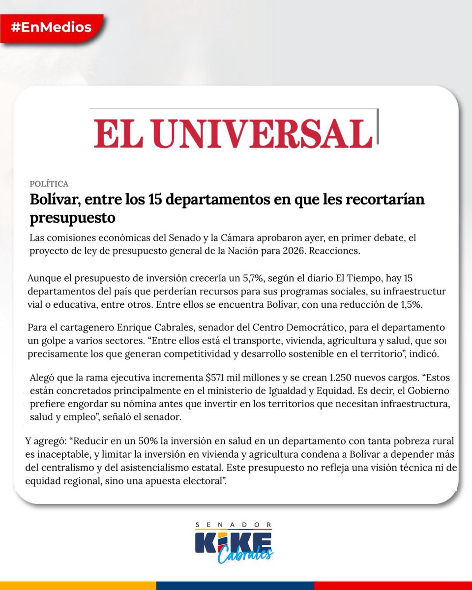 🚨 Mientras las regiones pierden inversión en salud, vivienda, transporte y agricultura, el Gobierno engorda su nómina con $10,9 billones más y 1.250 cargos nuevos.

En Bolívar el recorte supera los $53 mil millones, pasa de recibir el 4,2% al 3,8% del total nacional. La