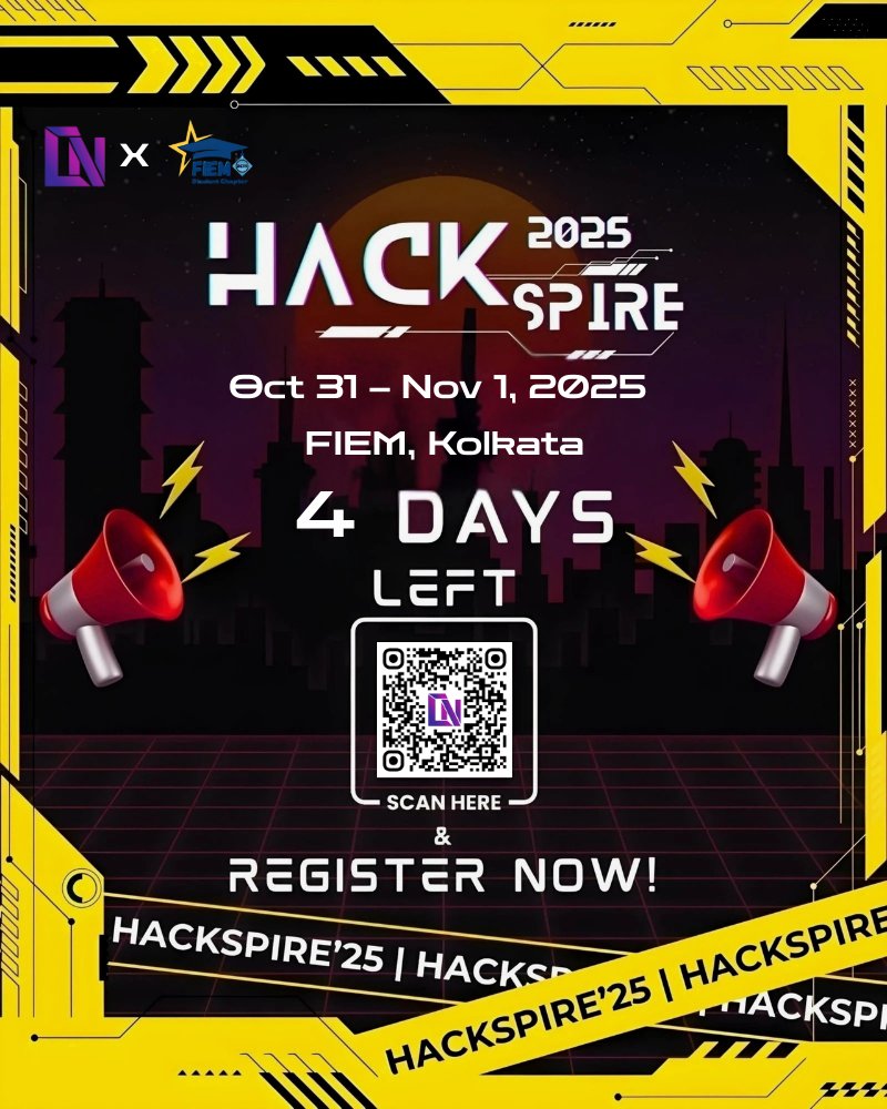LNC_Community's tweet image. @LNC_Community X @acmfiem presents FIEM ACM's flagship hackathon-
𝗛𝗮𝗰𝗸𝘀𝗽𝗶𝗿𝗲'𝟮𝟱
📍Oct 31 - Nov 1, FIEM Kolkata.
𝗥𝗲𝗴𝗶𝘀𝘁𝗲𝗿 𝗻𝗼𝘄 or spend the weekend watching cat videos while others make history
🔗hackspire25.devfolio.co/?ref=23885c71ae
#Hackathon #StudentHack #CodeToCreate