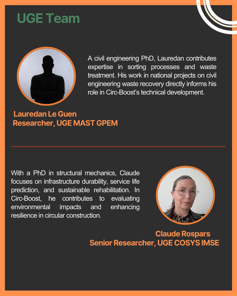 CircBoost's tweet image. 🚀 Meet our next #CircBoost Booster: Université Gustave Eiffel @UniEiffel_VPInt (UGE) 🇫🇷

Leading work on reuse of demolition waste, circularity indicators &amp;amp; logistics in the French pilot.

Meet Myriam, Paul, Corten, Lauredan &amp;amp; Claude 👇

#CircularEconomy #LCA #EUProject