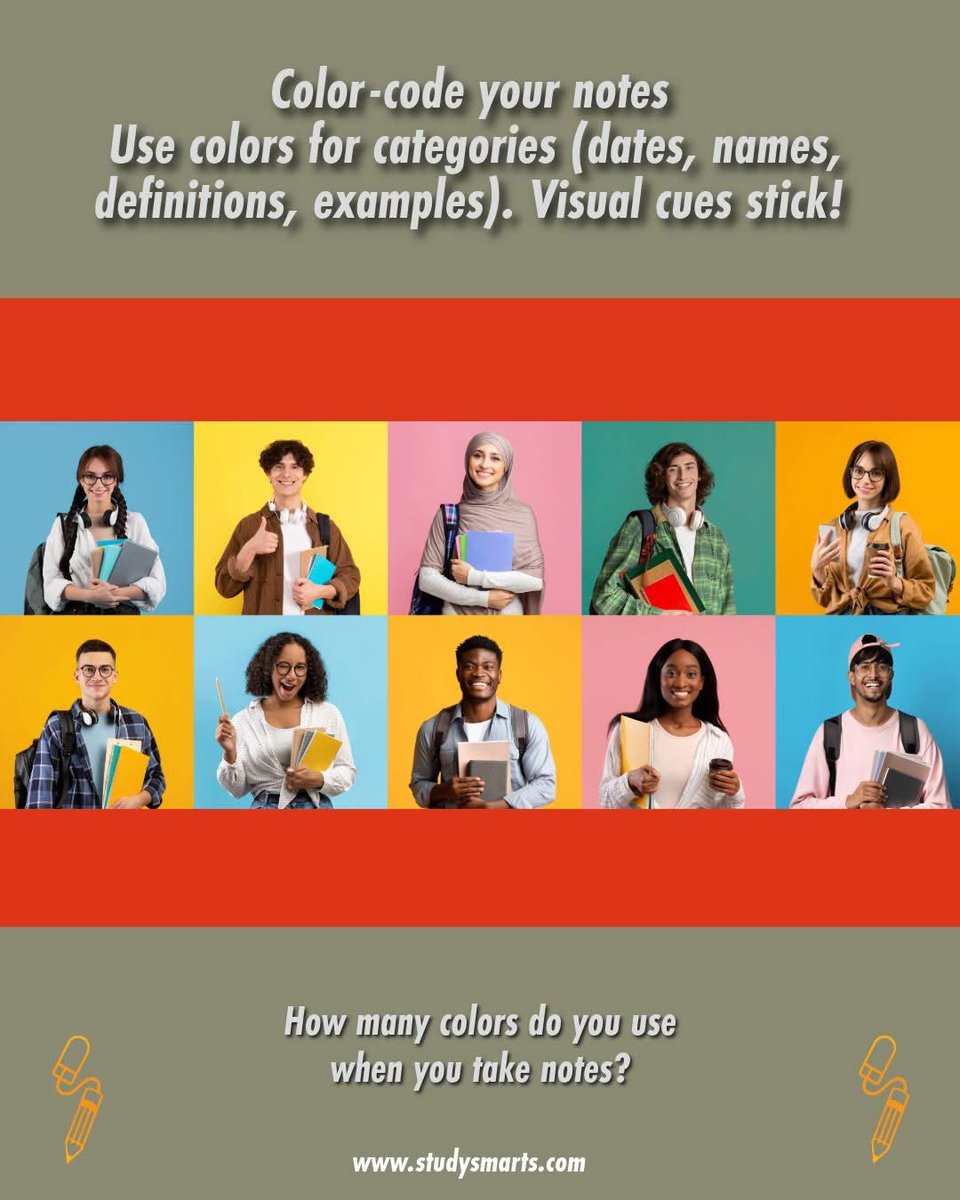 StudySmarts's tweet image. Color-code your notes

Use colors for categories (dates, names, definitions, examples). Visual cues stick!

How many colors do you use when you take notes?

#VisualLearning #SchoolHacks #StudyCommunity