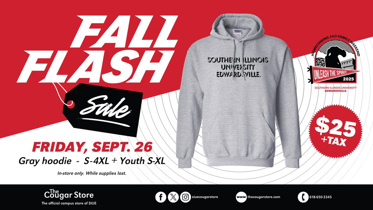 mucsiue's tweet photo. Flash Sale today at the @SIUeCougarStore! A gray hoodie is available for $25 +tax. Sizes S-4XL + Youth S-XL. In-store only. While supplies last. #SIUE #siuehoco2025 https://t.co/2XlKtCHil0