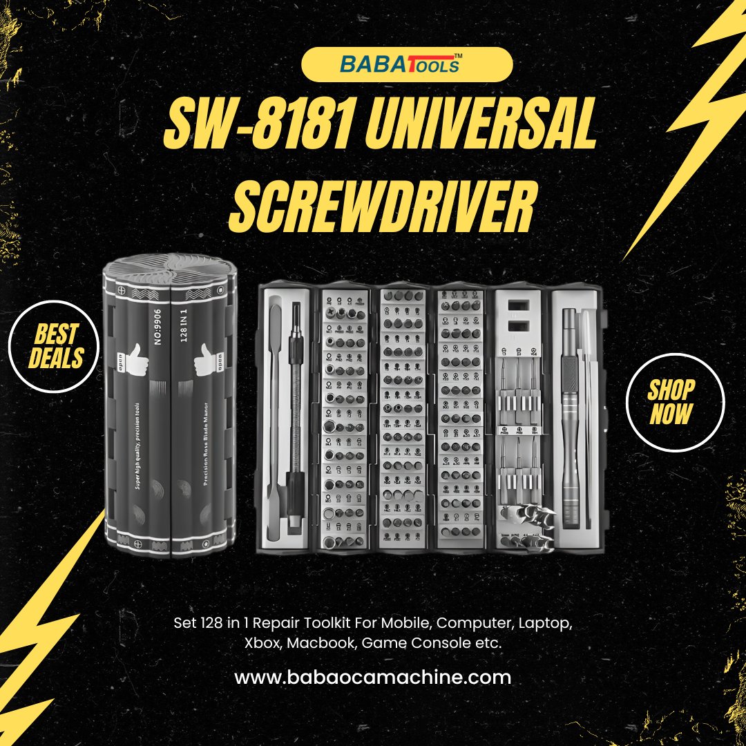 BabaCable's tweet image. SW-8181 Universal Screwdriver Set 128 in 1
Shop:-babaocamachine.com/product/sw-818…
#UniversalScrewdriverSet #128In1Toolkit #MobileRepairTools #LaptopRepairKit #ElectronicsRepair #PrecisionScrewdriverSet #GameConsoleRepair #MacBookRepairTools
