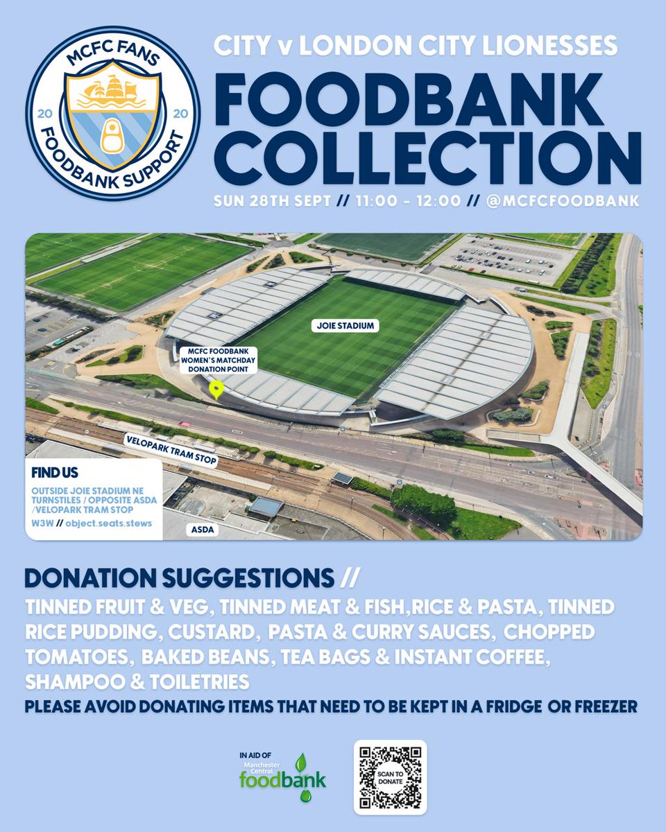 MCFCfoodbank's tweet image. COLLECTION INFO 📢

We&apos;re back for @ManCity vs @BurnleyOfficial tomorrow &amp;amp; @ManCityWomen vs @LC_Lionesses on Sunday, our first double-header weekend of the season! 🩵 

We&apos;ll be collecting non-perishable food &amp;amp; toiletries for @McrFoodbank as ever, say hello! Full info below 👇