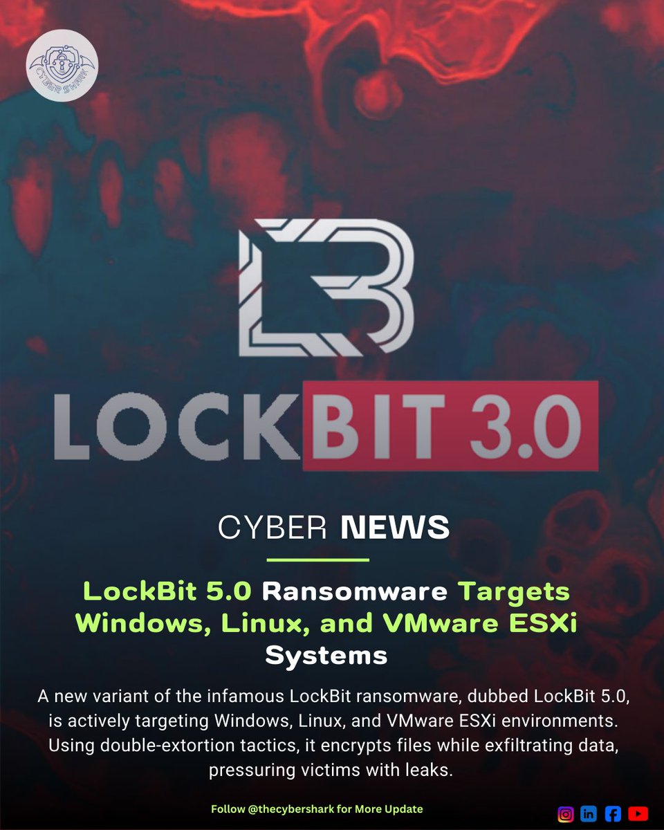 Thecyber_shark's tweet image. The new LockBit 5.0 ransomware is hitting Windows, Linux, and ESXi servers worldwide.

👉 Protect your systems with backups, MFA, and timely patches.

Follow @Thecyber_shark  for the latest ransomware alerts!

#LockBit5 #Ransomware #CyberThreats #Linux  #windowserver  #VMware