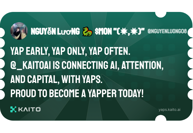 Nguyễn Lương 🐉 $MON "(✸,✸)" (@nguyenluong08) on Twitter photo Yap early, yap only, yap often.
<a href="/KaitoAI/">Kaito AI 🌊</a> is connecting AI, attention and capital with Yaps.
Just claimed my social card and I'm accumulating Yap points in real-time.
Claim yours 👉 yaps.kaito.ai/referral/75828… Yap early, yap only, yap often.
<a href="/KaitoAI/">Kaito AI 🌊</a> is connecting AI, attention and capital with Yaps.
Just claimed my social card and I'm accumulating Yap points in real-time.
Claim yours 👉 yaps.kaito.ai/referral/75828…