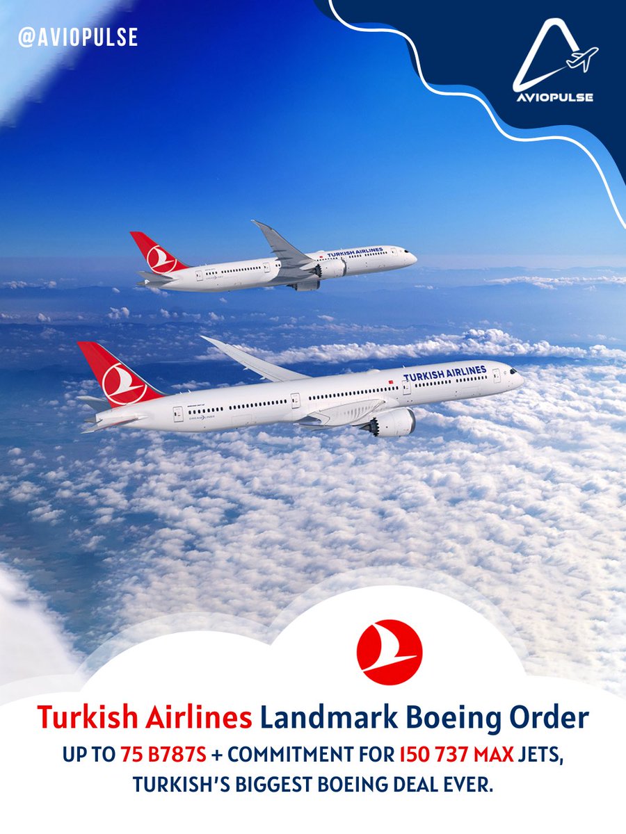 aviopulse's tweet photo. #AviationNews
#TurkishAirlines has placed a landmark order for up to 75 B787s (35 787-9, 15 787-10 + 25 options) and committed to up to 150 more 737 MAX jets.
This will be the airline’s largest Boeing widebody &amp; single-aisle orders ever. 🇹🇷
#B787 #B737MAX

https://t.co/dm3xrVm0EO https://t.co/Sp1fykxT1v