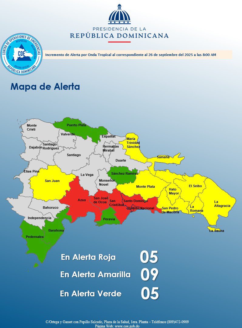 Las autoridades han declarado alerta roja en el Distrito Nacional y en varias provincias del país por las intensas lluvias.

Exhortamos a la ciudadanía a mantenerse atenta a las orientaciones de los organismos de emergencia y tomar todas las precauciones necesarias para priorizar