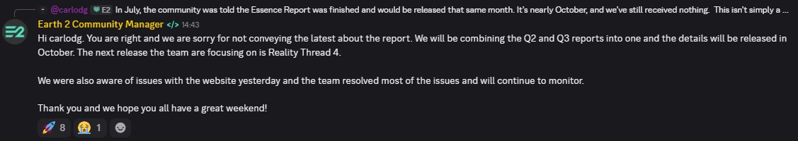 #Earth2 community manager commented today that the updated report about its platform token $ESS can potentially surface in October.

This report shall help us calculate more precisely the timing for the first halving. 

Our last estimate was ~Jan 2026  based on the May report.