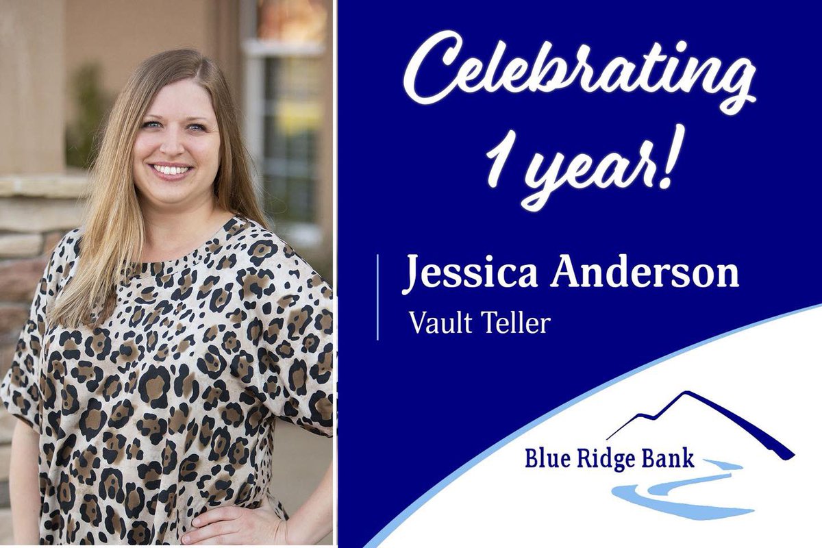 Congratulations to Jessica Anderson! She is celebrating one year at Blue Ridge Bank! Jessica is Vault Teller at our Pickens Office. We’re so grateful for Jessica’s hard work, dedication, and positive attitude. Thank you for all you do, Jessica!