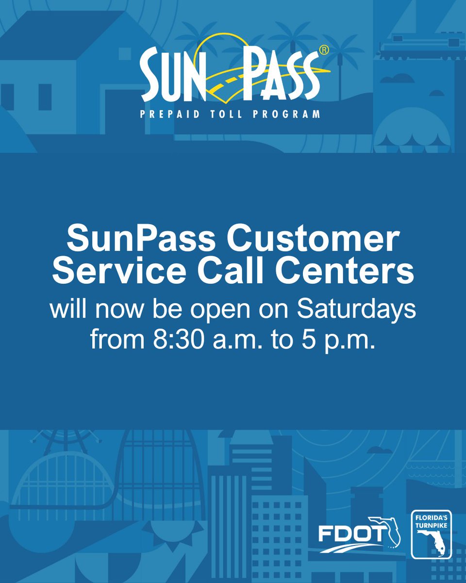 📣 Heads up, SunPass customers! The SunPass Customer Service Call Center will now open on Saturdays from 8:30 a.m. to 5 p.m. We look forward to answering your questions and helping you save money!