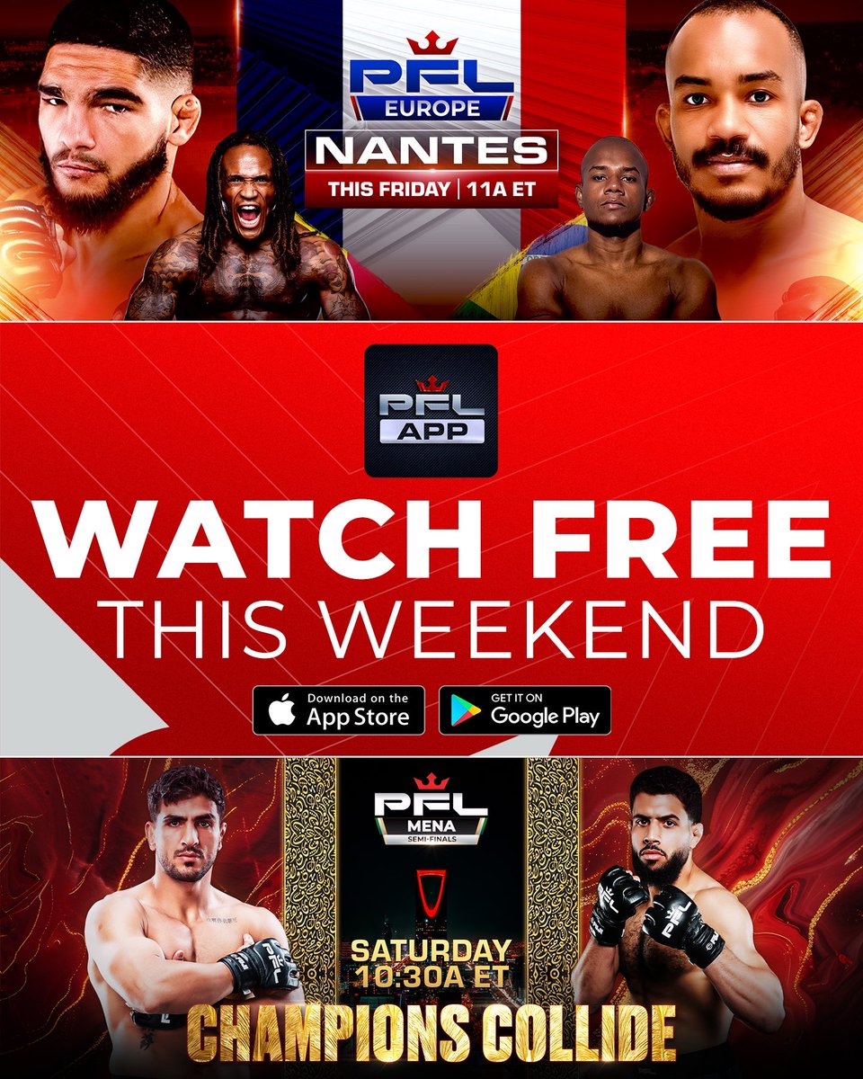 FREE 👊 #PFLMMA 👊 PFL App

MORNING MMA - 11a US ET 

Friday Sept 26 - ⁦<a href="/PFLEurope/">PFL Europe</a>⁩
Saturday Sept 27 - ⁦<a href="/PFLMENA/">PFL MENA</a>⁩

<a href="/PFLMMA/">PFL</a> Doubleheader Weekend!

Watch Free 👊 PFL App