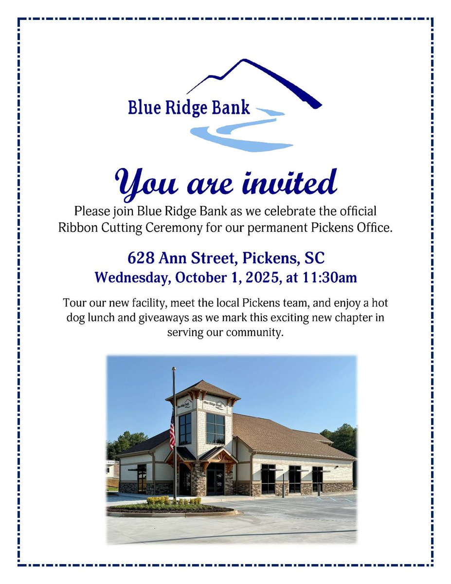 Please join us Wednesday, October 1st as we open the doors to our new Pickens office!