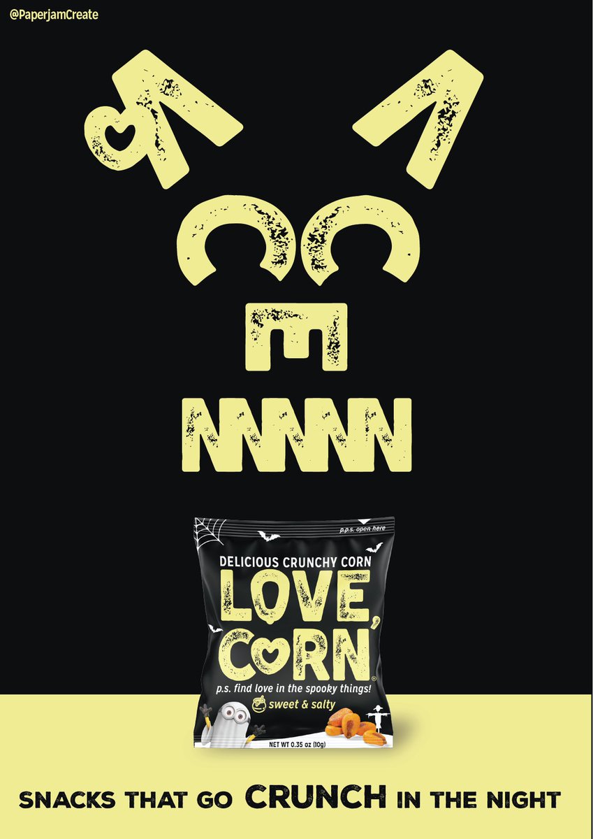 "Snacks that go CRUNCH in the night" x3 scary faces using the letters of the logo <a href="/OneMinuteBriefs/">One Minute Briefs ⏱️</a> @LoveCorn_Snacks lovecorn.com #LoveCornHalloween